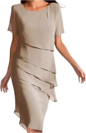 Women Elegant Layered Ruffle Chiffon Midi Dress Summer Flowy Short Sleeve Wedding Cocktail Party Evening Formal Dress