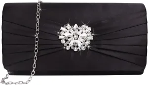 Women Elegant Pleated Satin Rhinestone Clutch Evening Bag Envelope Clutch Purse Crossbody Bag for Wedding Bridal Party
