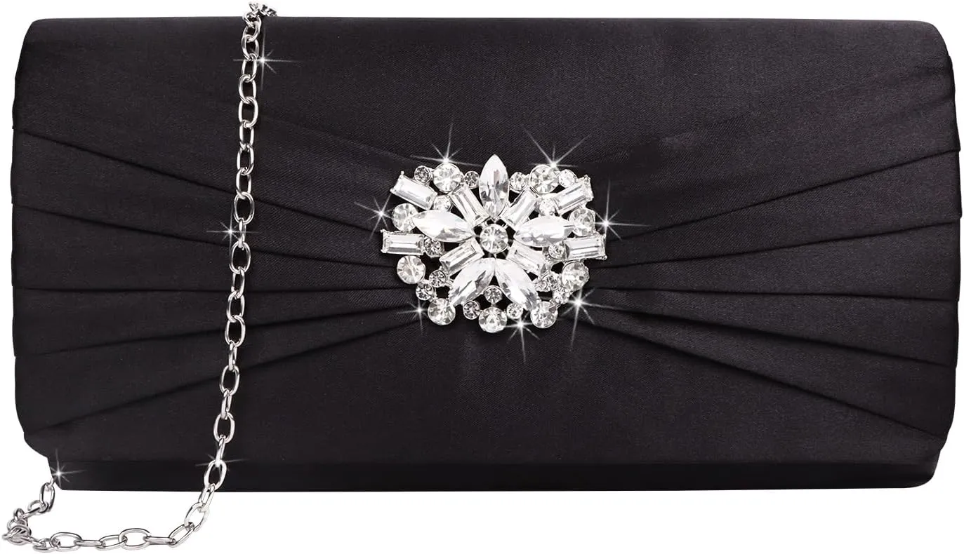 Women Elegant Pleated Satin Rhinestone Clutch Evening Bag Envelope Clutch Purse Crossbody Bag for Wedding Bridal Party