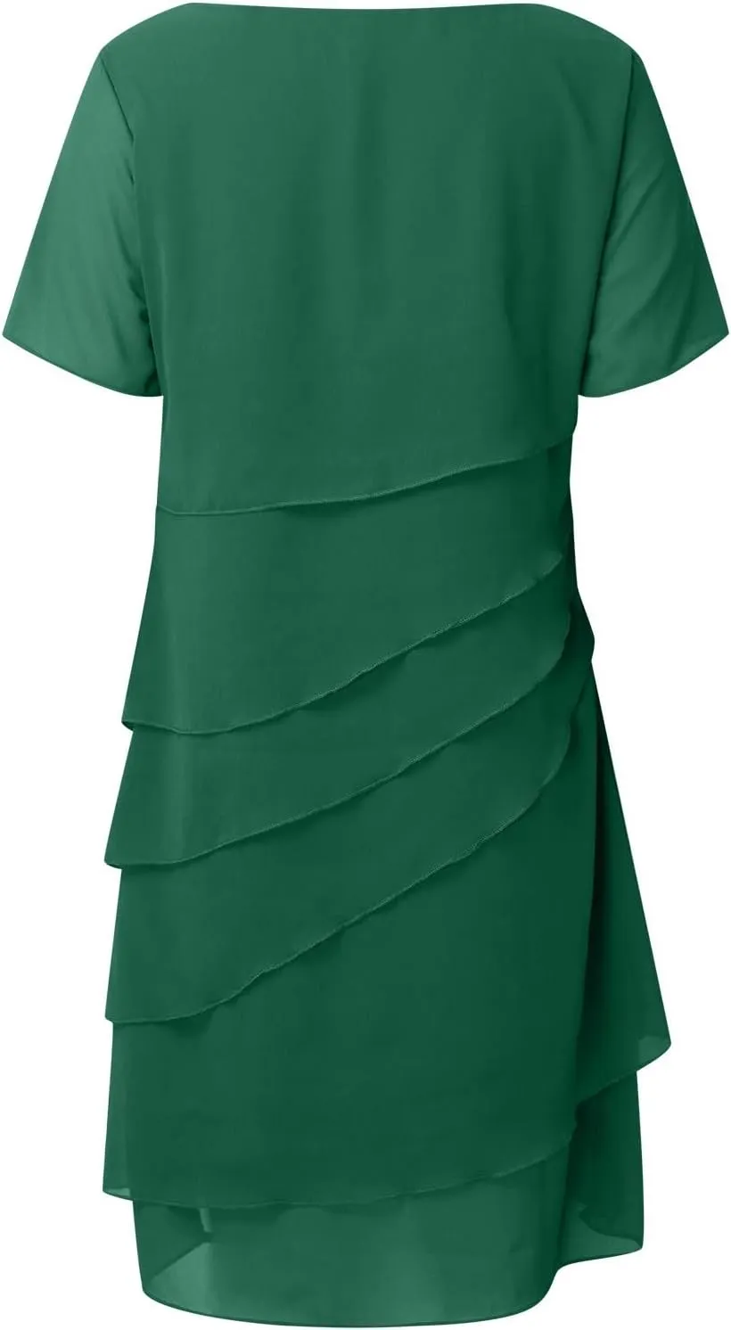 Women Elegant Ruffle Layered Chiffon Midi Dress Summer Flowy Short Sleeve Formal Wedding Cocktail Party Evening Dress