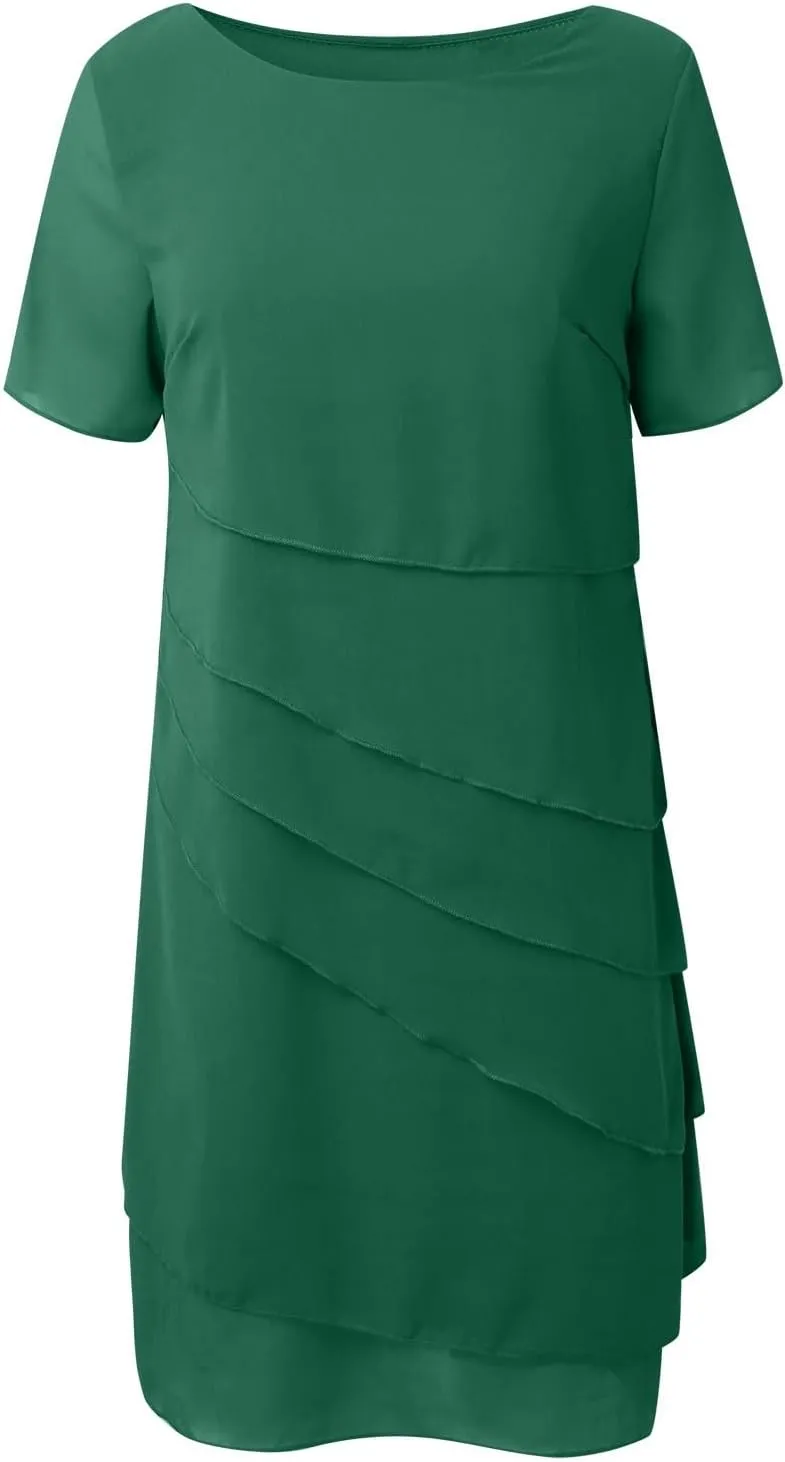 Women Elegant Ruffle Layered Chiffon Midi Dress Summer Flowy Short Sleeve Formal Wedding Cocktail Party Evening Dress