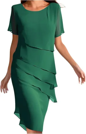 Women Elegant Ruffle Layered Chiffon Midi Dress Summer Flowy Short Sleeve Formal Wedding Cocktail Party Evening Dress