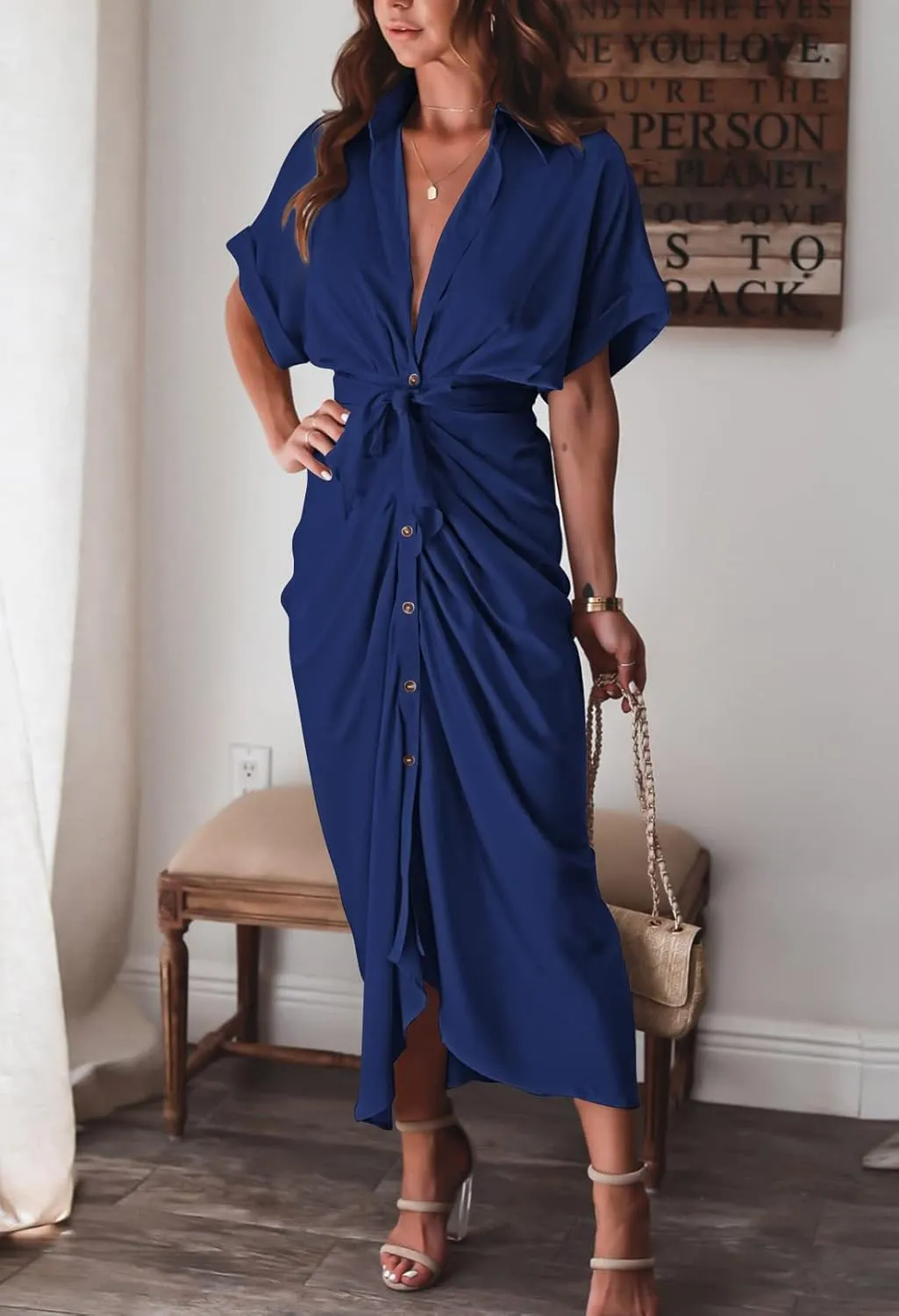 Women Elegant Satin Button Down Short Sleeve Maxi Shirt Dress with Belt