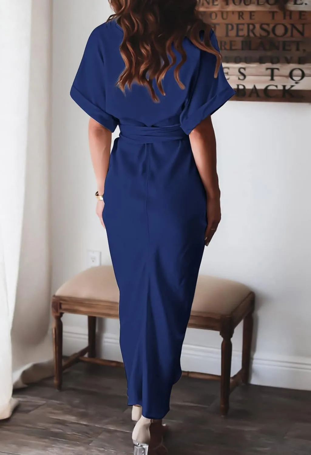 Women Elegant Satin Button Down Short Sleeve Maxi Shirt Dress with Belt