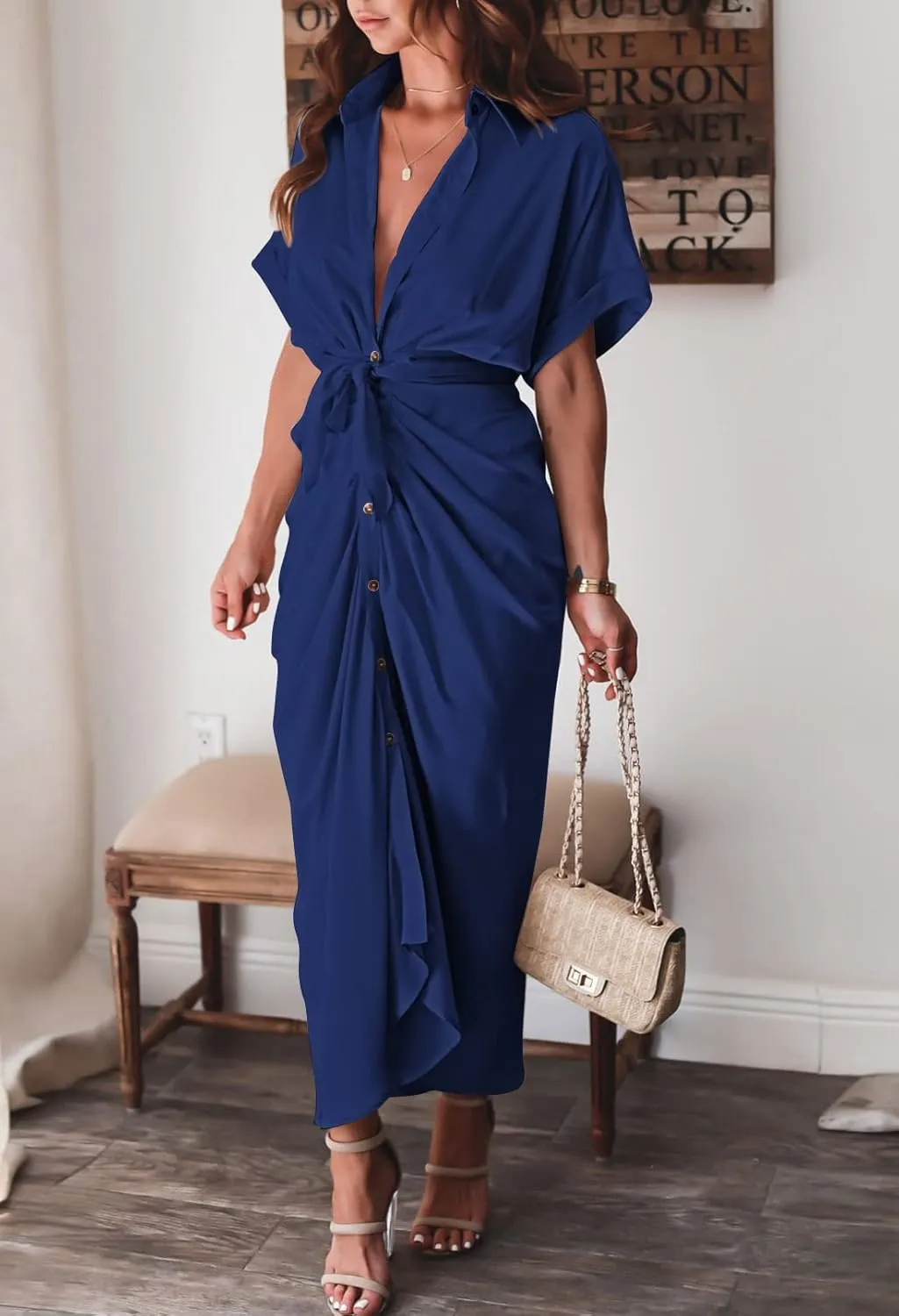 Women Elegant Satin Button Down Short Sleeve Maxi Shirt Dress with Belt
