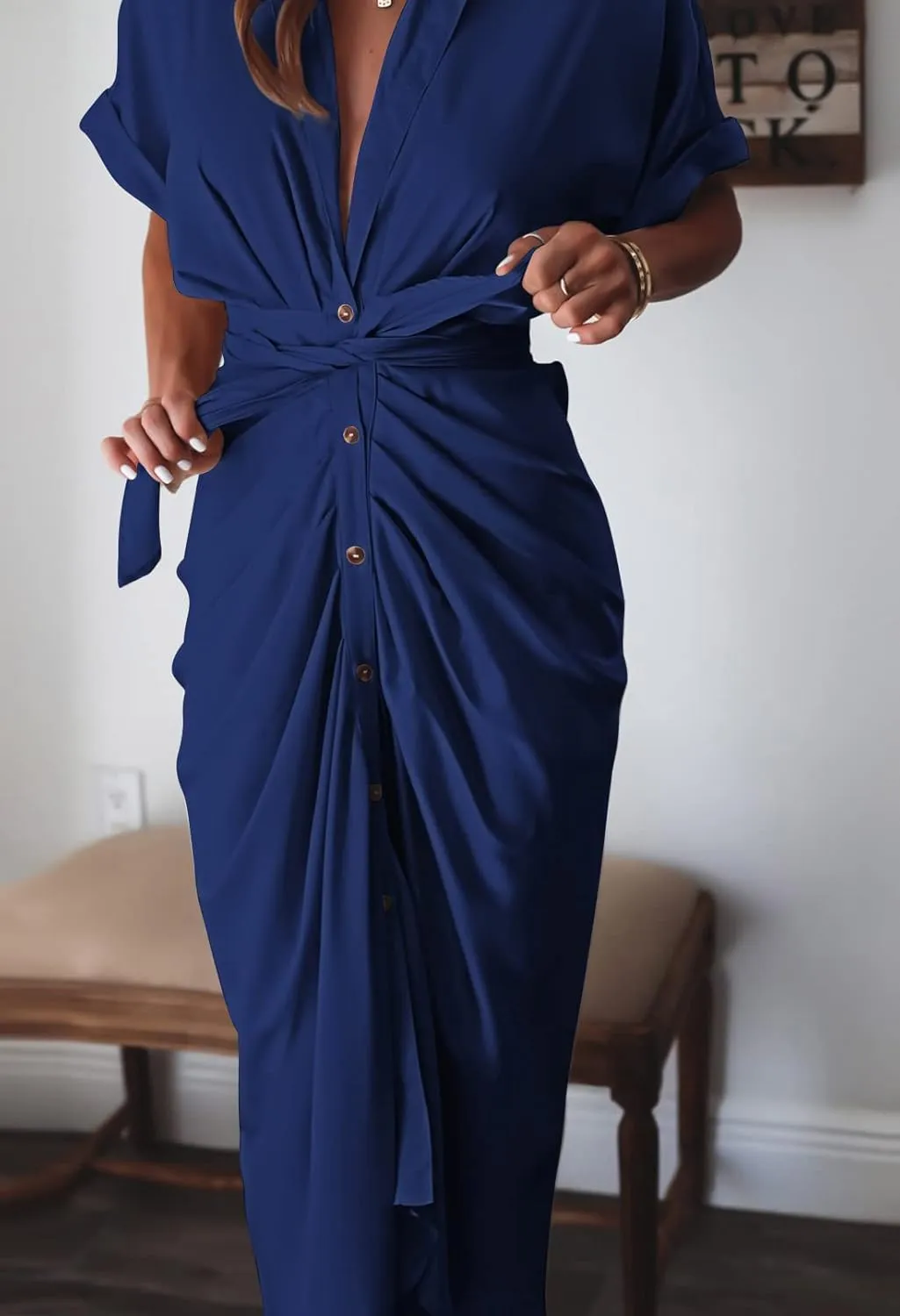 Women Elegant Satin Button Down Short Sleeve Maxi Shirt Dress with Belt