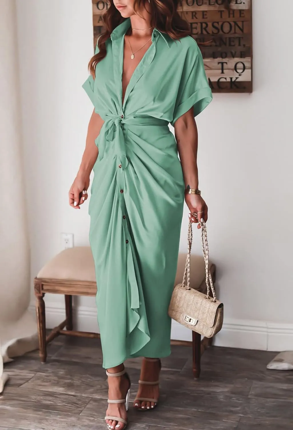 Women Elegant Satin Button Down Short Sleeve Maxi Shirt Dress with Belt
