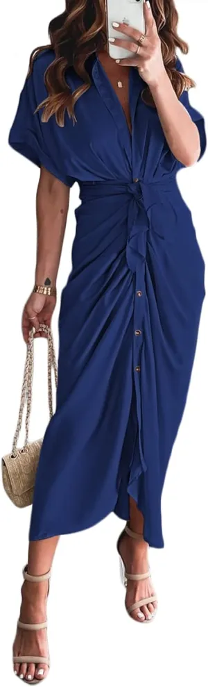 Women Elegant Satin Button Down Short Sleeve Maxi Shirt Dress with Belt