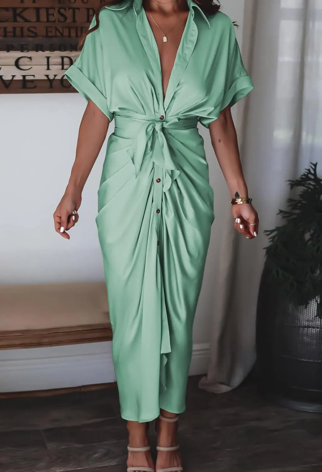 Women Elegant Satin Button Down Short Sleeve Maxi Shirt Dress with Belt