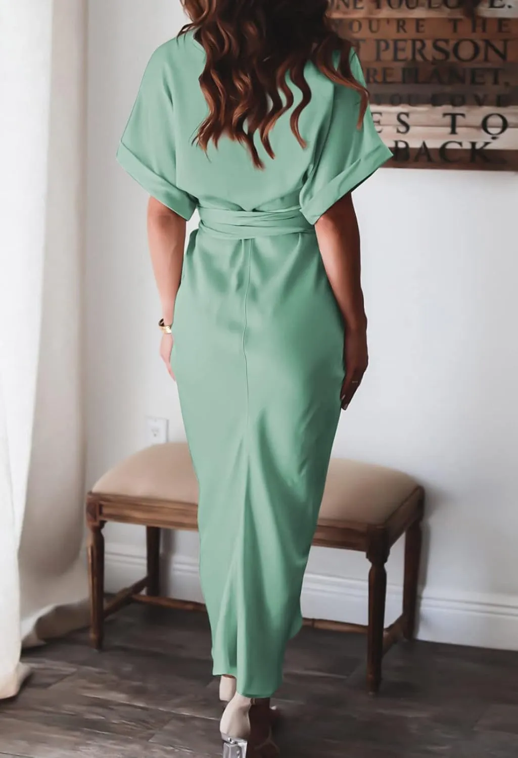 Women Elegant Satin Button Down Short Sleeve Maxi Shirt Dress with Belt