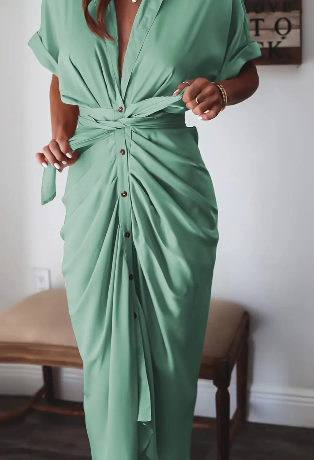 Women Elegant Satin Button Down Short Sleeve Maxi Shirt Dress with Belt