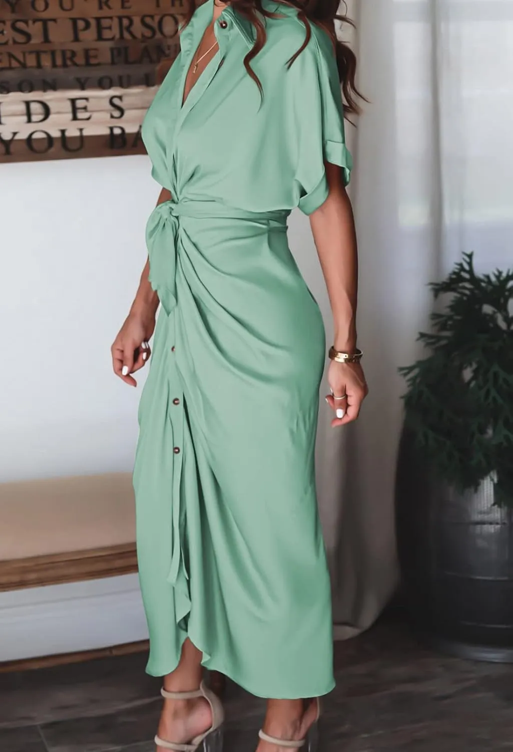 Women Elegant Satin Button Down Short Sleeve Maxi Shirt Dress with Belt