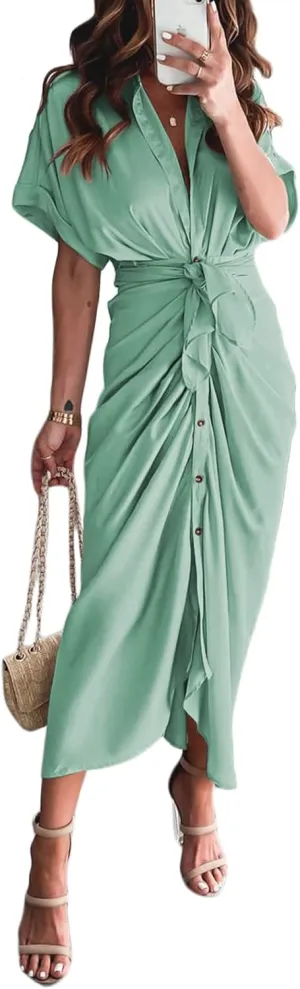 Women Elegant Satin Button Down Short Sleeve Maxi Shirt Dress with Belt