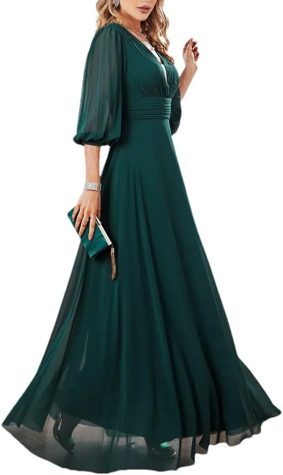 Women Elegant V-Neck Half Sleeves Long Chiffon Bridesmaid Evening Dress