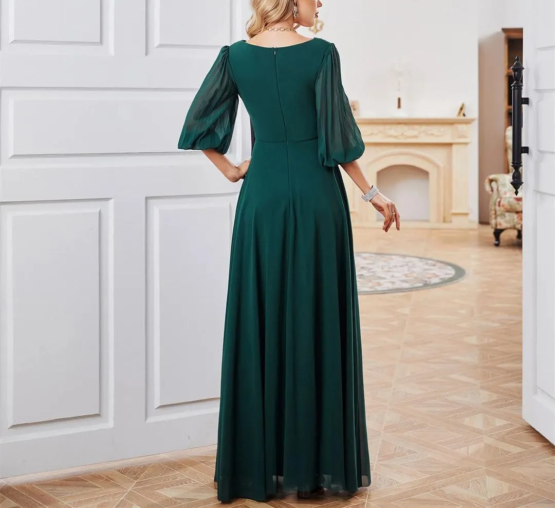 Women Elegant V-Neck Half Sleeves Long Chiffon Bridesmaid Evening Dress