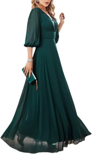 Women Elegant V-Neck Half Sleeves Long Chiffon Bridesmaid Evening Dress