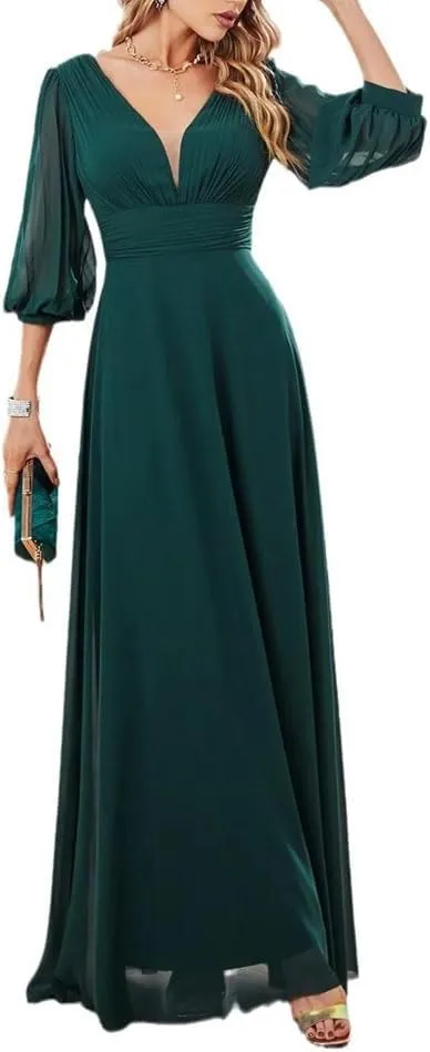 Women Elegant V-Neck Half Sleeves Long Chiffon Bridesmaid Evening Dress