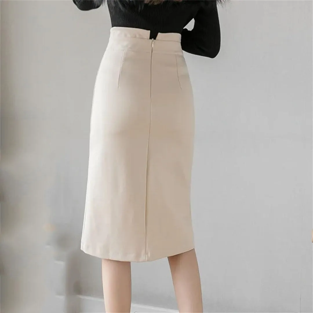 Women Fashion Knee Length Bodycon Pnecil Skirt Korean Elegant Sexy Office Button High Waist Skirts
