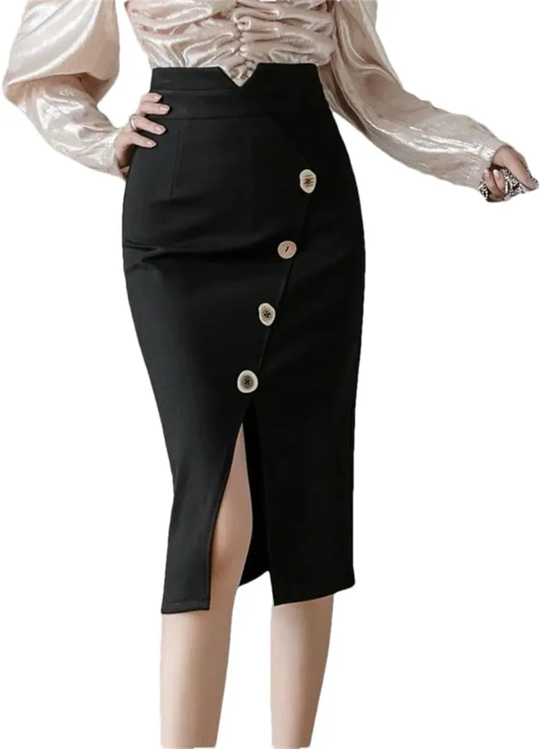 Women Fashion Knee Length Bodycon Pnecil Skirt Korean Elegant Sexy Office Button High Waist Skirts