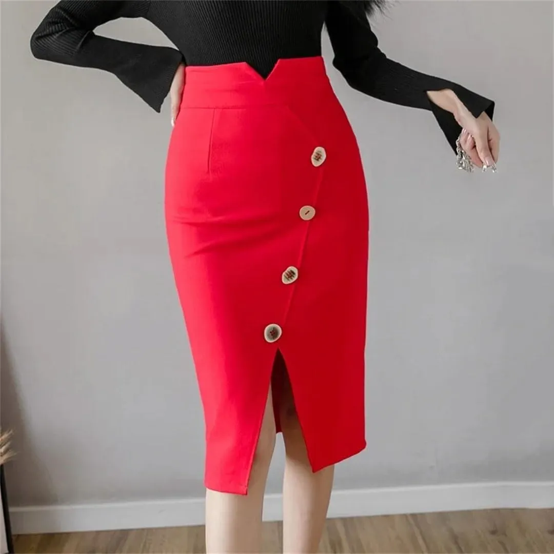 Women Fashion Knee Length Bodycon Pnecil Skirt Korean Elegant Sexy Office Button High Waist Skirts