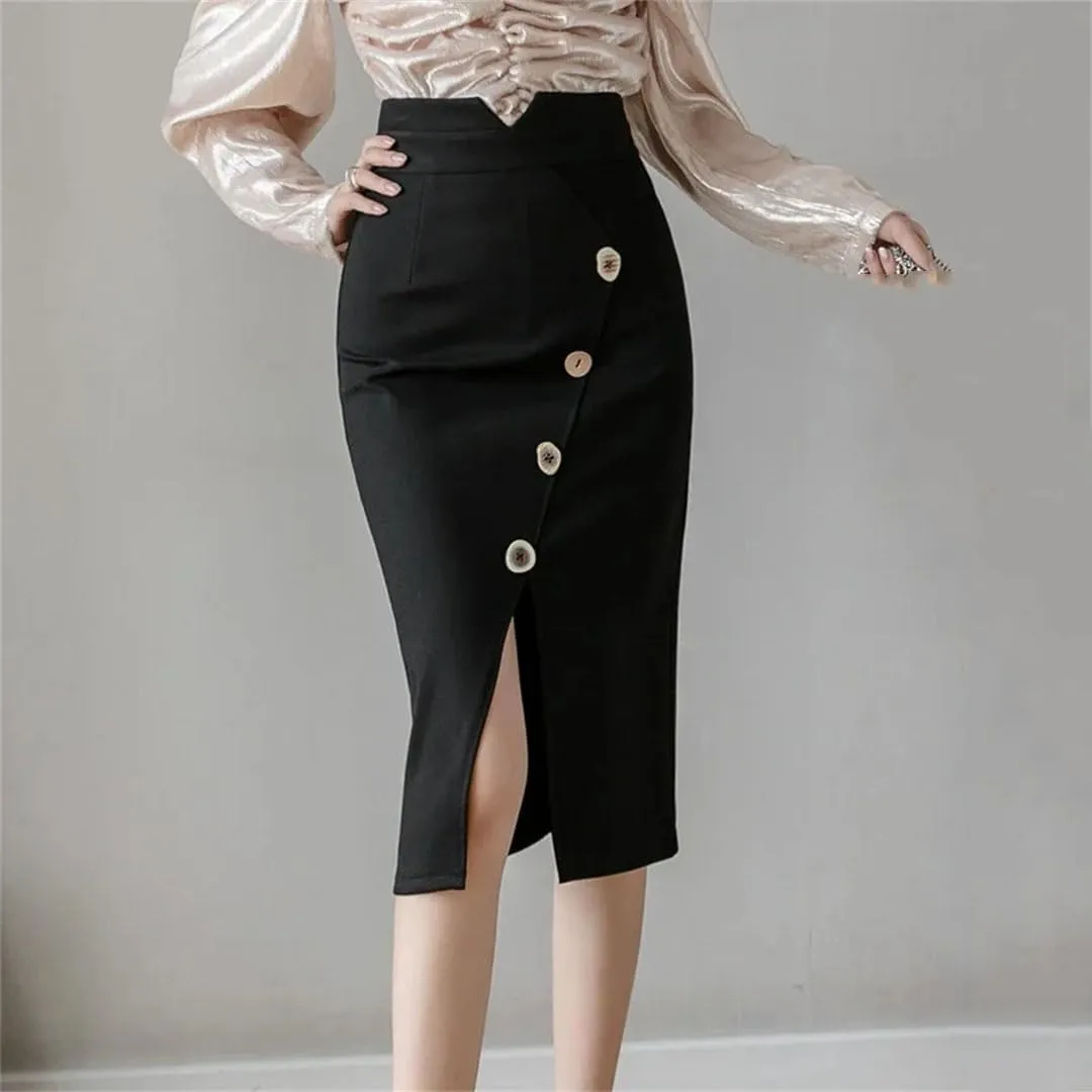 Women Fashion Knee Length Bodycon Pnecil Skirt Korean Elegant Sexy Office Button High Waist Skirts