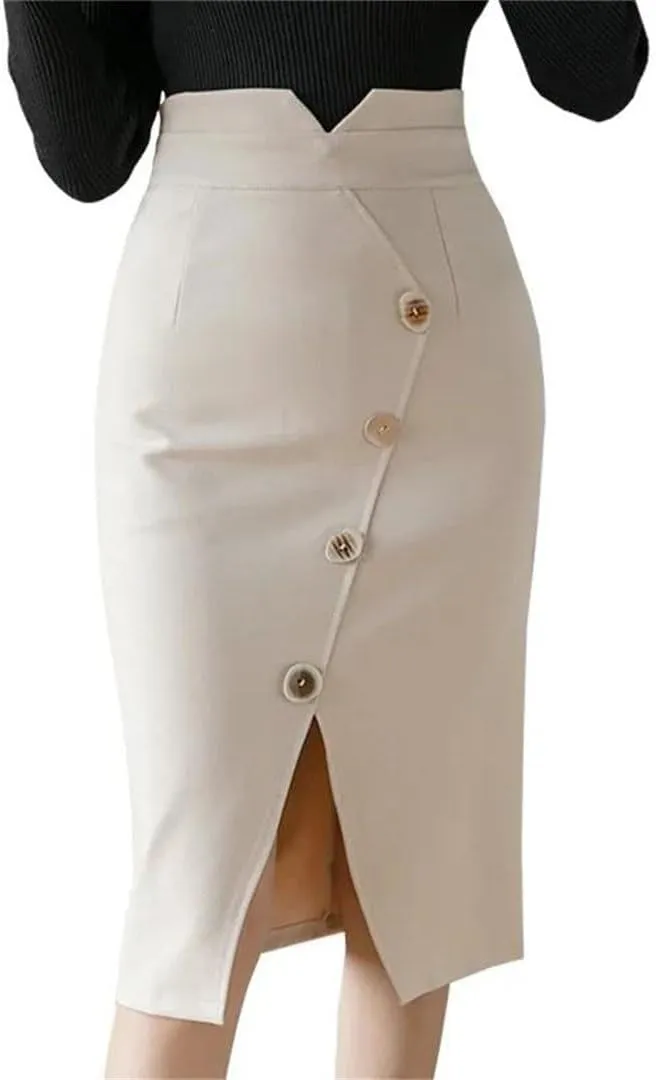 Women Fashion Knee Length Bodycon Pnecil Skirt Korean Elegant Sexy Office Button High Waist Skirts