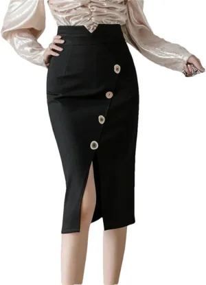 Women Fashion Knee Length Bodycon Pnecil Skirt Korean Elegant Sexy Office Button High Waist Skirts