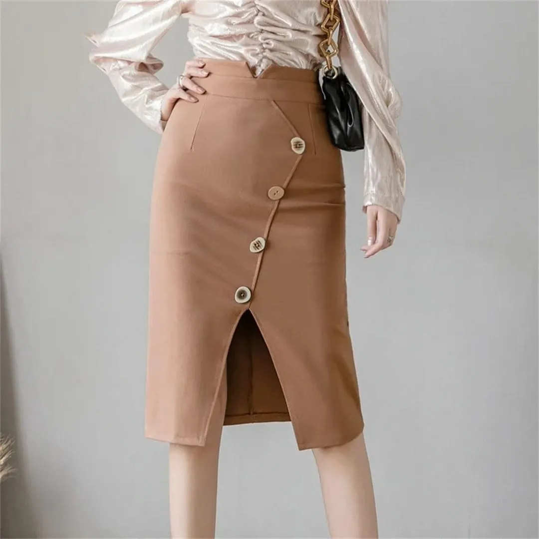 Women Fashion Knee Length Bodycon Pnecil Skirt Korean Elegant Sexy Office Button High Waist Skirts