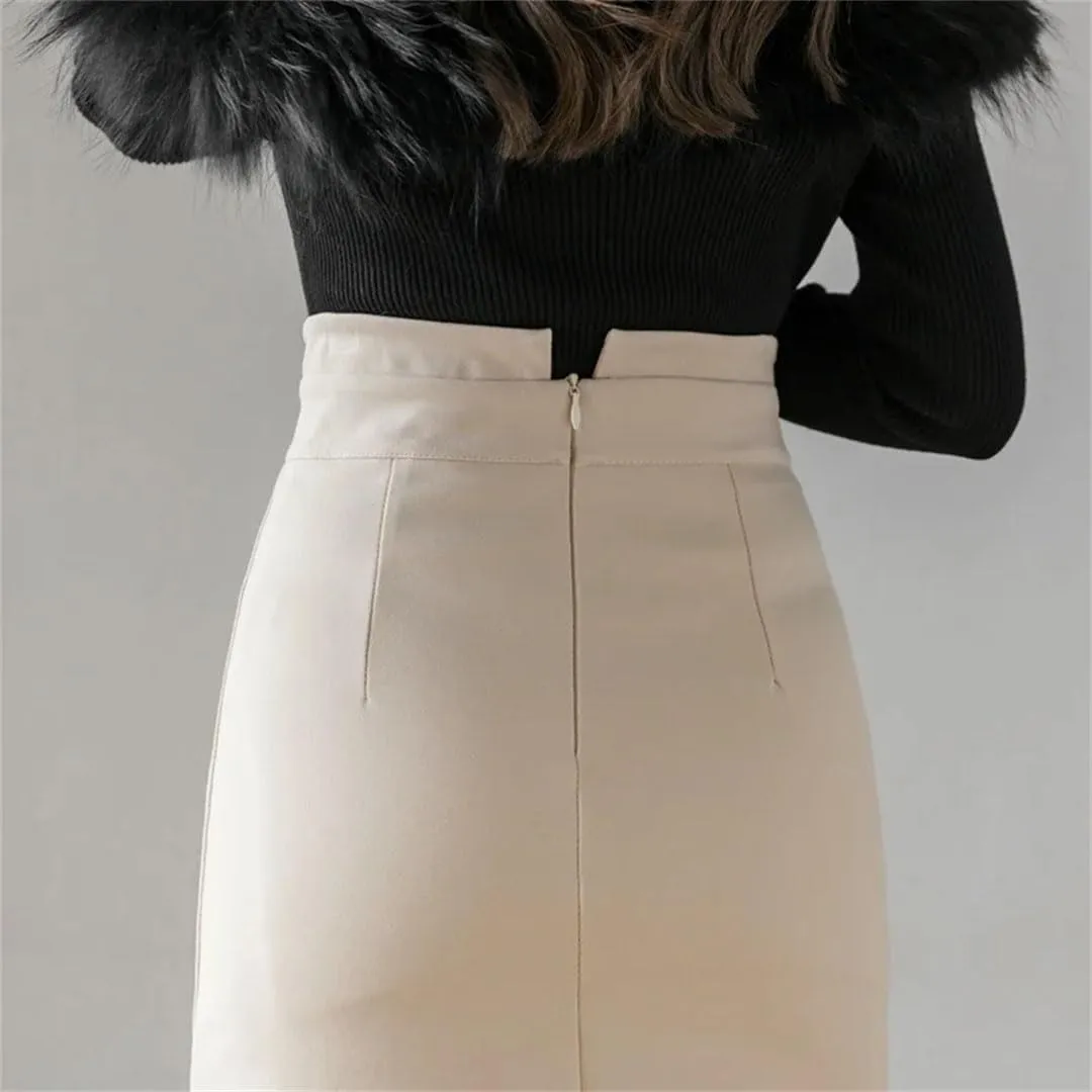 Women Fashion Knee Length Bodycon Pnecil Skirt Korean Elegant Sexy Office Button High Waist Skirts