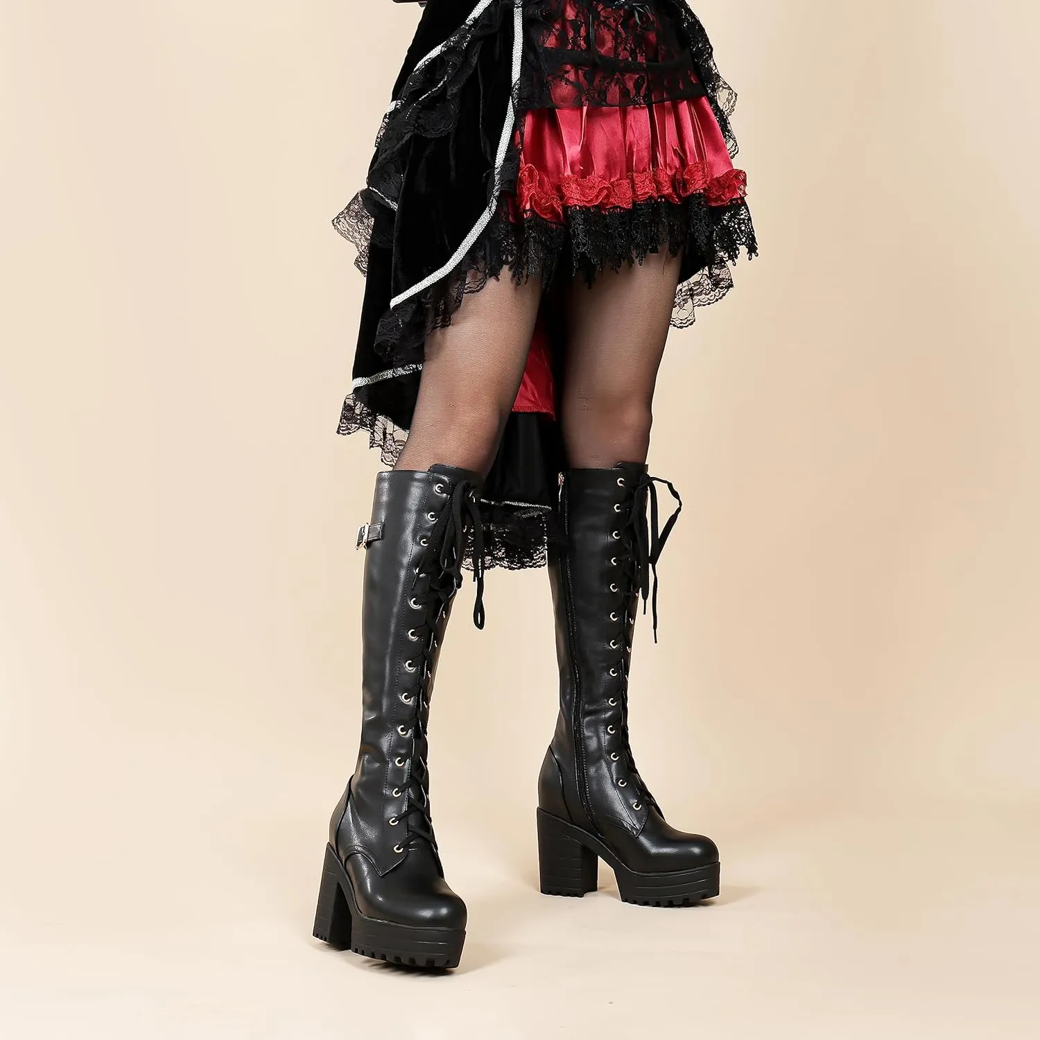 Women Fashion Platform Block Heels Knee High Boots Lace up