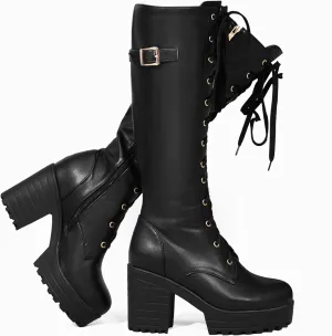 Women Fashion Platform Block Heels Knee High Boots Lace up
