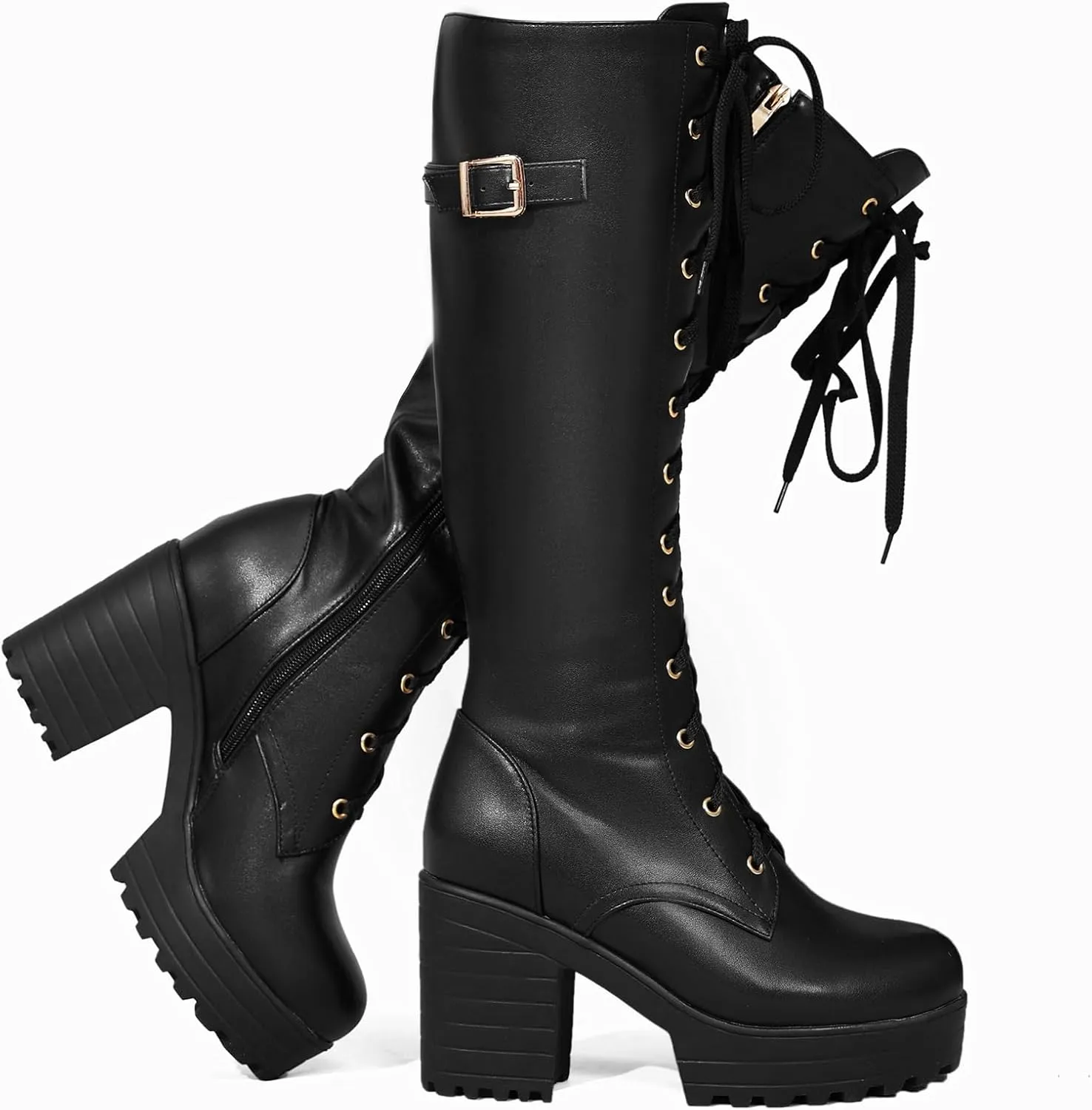 Women Fashion Platform Block Heels Knee High Boots Lace up