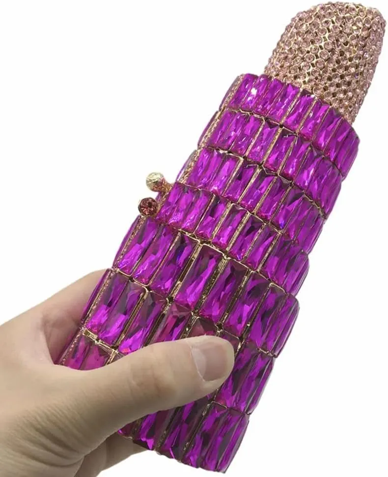 Women Glittering Lipstick Evening Bag Rhinestone Crystal Evening Clutch Vintage Wedding Party Prom Handbag Purses