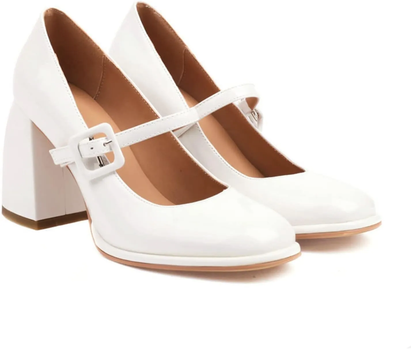 Women High Chunky Heel Mary Jane Pumps Square Toe Fashion Ladies Platform Patent Leather Dress Shoes