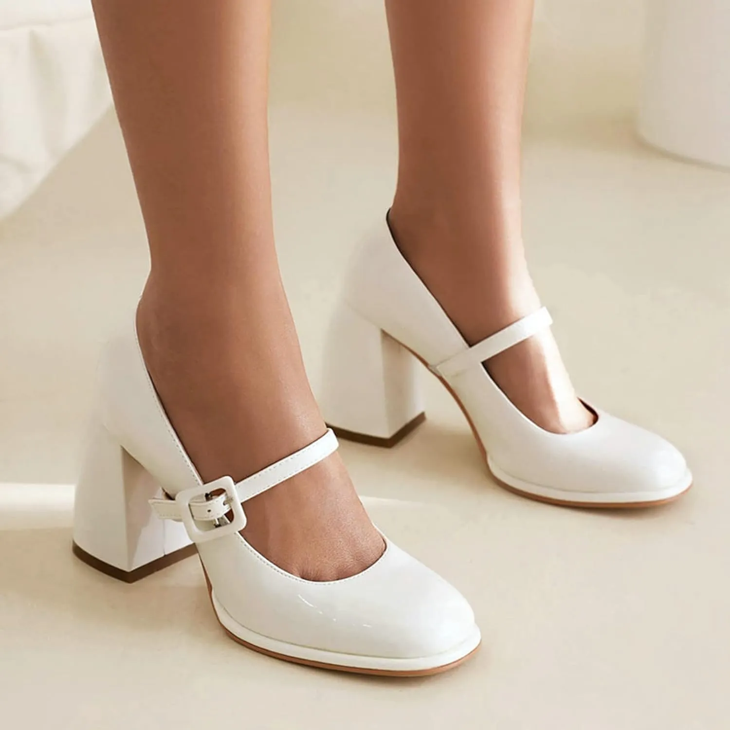 Women High Chunky Heel Mary Jane Pumps Square Toe Fashion Ladies Platform Patent Leather Dress Shoes