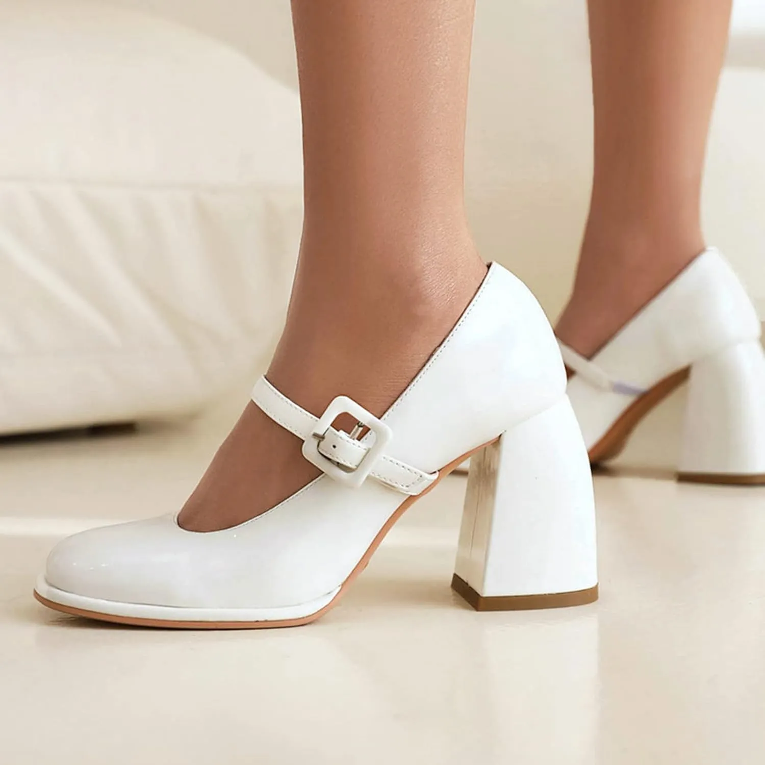 Women High Chunky Heel Mary Jane Pumps Square Toe Fashion Ladies Platform Patent Leather Dress Shoes