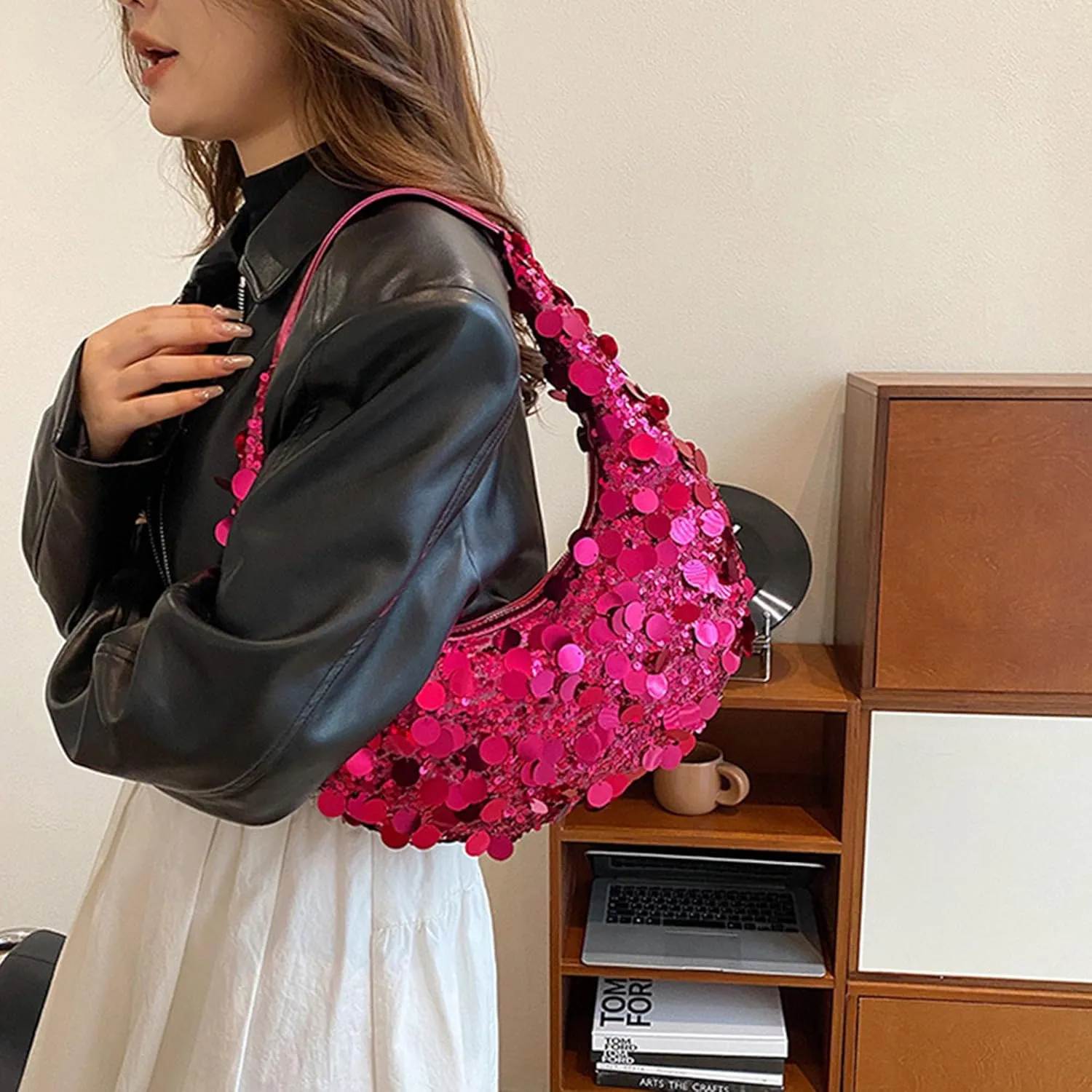 Women Hobo Handbags Sparkly Sequins Underarm Bag Y2k Shiny Evening Clutch PU Leather Crescent Moon Underarm Bag