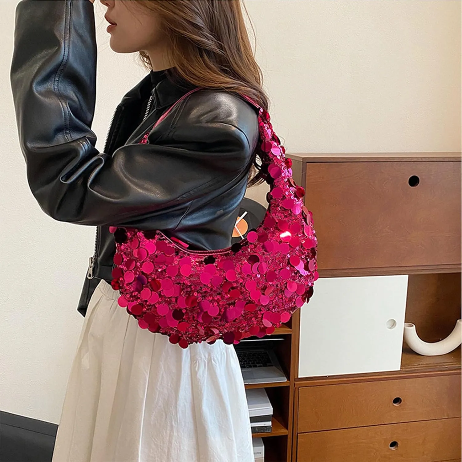 Women Hobo Handbags Sparkly Sequins Underarm Bag Y2k Shiny Evening Clutch PU Leather Crescent Moon Underarm Bag