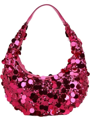Women Hobo Handbags Sparkly Sequins Underarm Bag Y2k Shiny Evening Clutch PU Leather Crescent Moon Underarm Bag