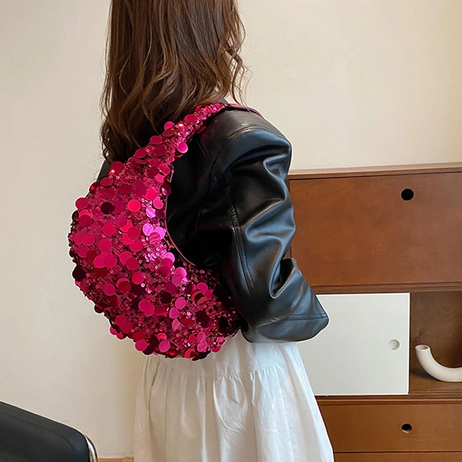 Women Hobo Handbags Sparkly Sequins Underarm Bag Y2k Shiny Evening Clutch PU Leather Crescent Moon Underarm Bag