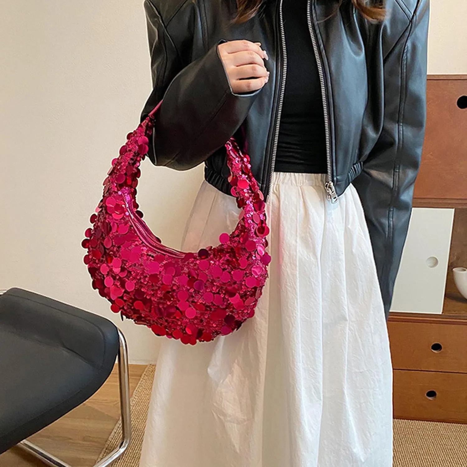 Women Hobo Handbags Sparkly Sequins Underarm Bag Y2k Shiny Evening Clutch PU Leather Crescent Moon Underarm Bag