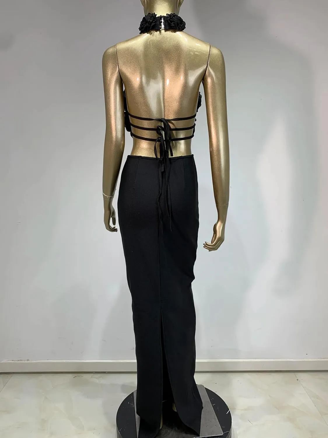 Women Luxury Designer Bandage Dress Halter Flowers Laced Up Back Long Slim One Piece Birthday Celebrity Evening Party Gowns