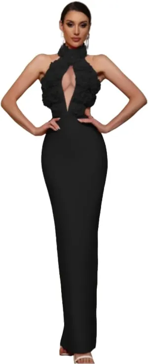 Women Luxury Designer Bandage Dress Halter Flowers Laced Up Back Long Slim One Piece Birthday Celebrity Evening Party Gowns