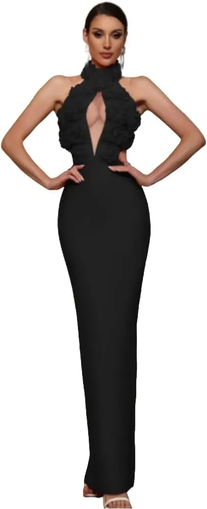 Women Luxury Designer Bandage Dress Halter Flowers Laced Up Back Long Slim One Piece Birthday Celebrity Evening Party Gowns