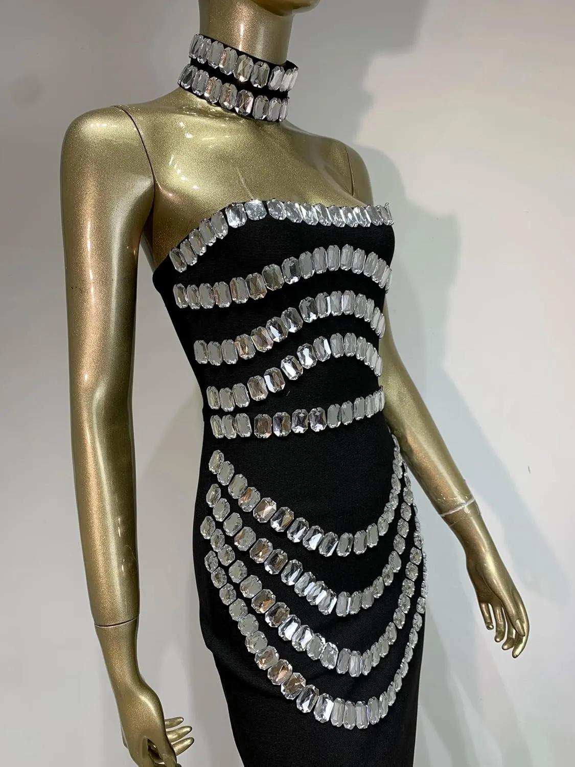 Women Luxury Designer Strapless Crystal Banadge Dress with Chorker Maxi Long Celebrity Evening Party Gala Gowns