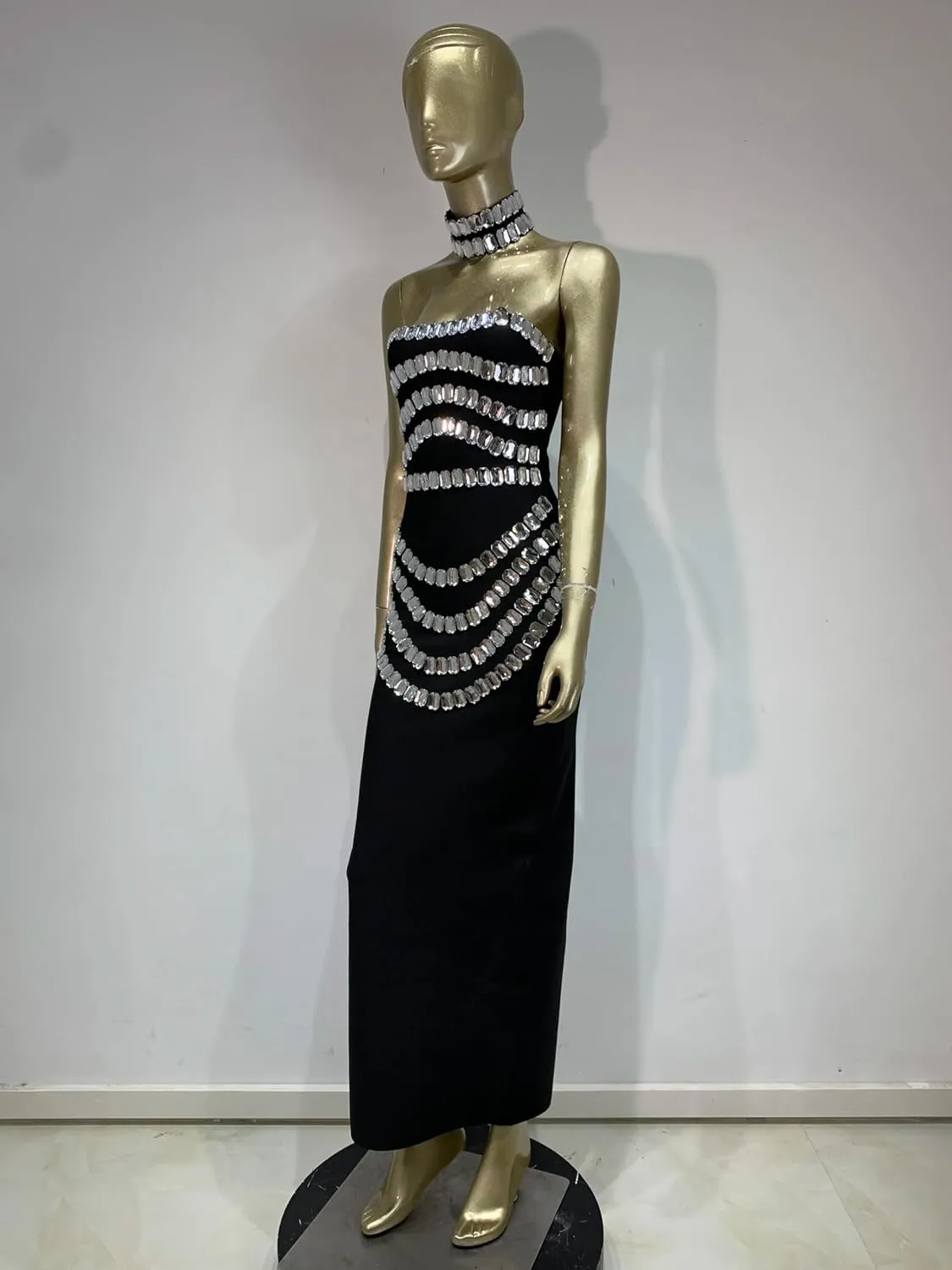 Women Luxury Designer Strapless Crystal Banadge Dress with Chorker Maxi Long Celebrity Evening Party Gala Gowns
