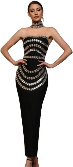 Women Luxury Designer Strapless Crystal Banadge Dress with Chorker Maxi Long Celebrity Evening Party Gala Gowns