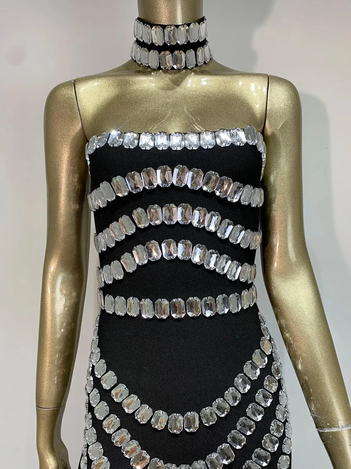 Women Luxury Designer Strapless Crystal Banadge Dress with Chorker Maxi Long Celebrity Evening Party Gala Gowns