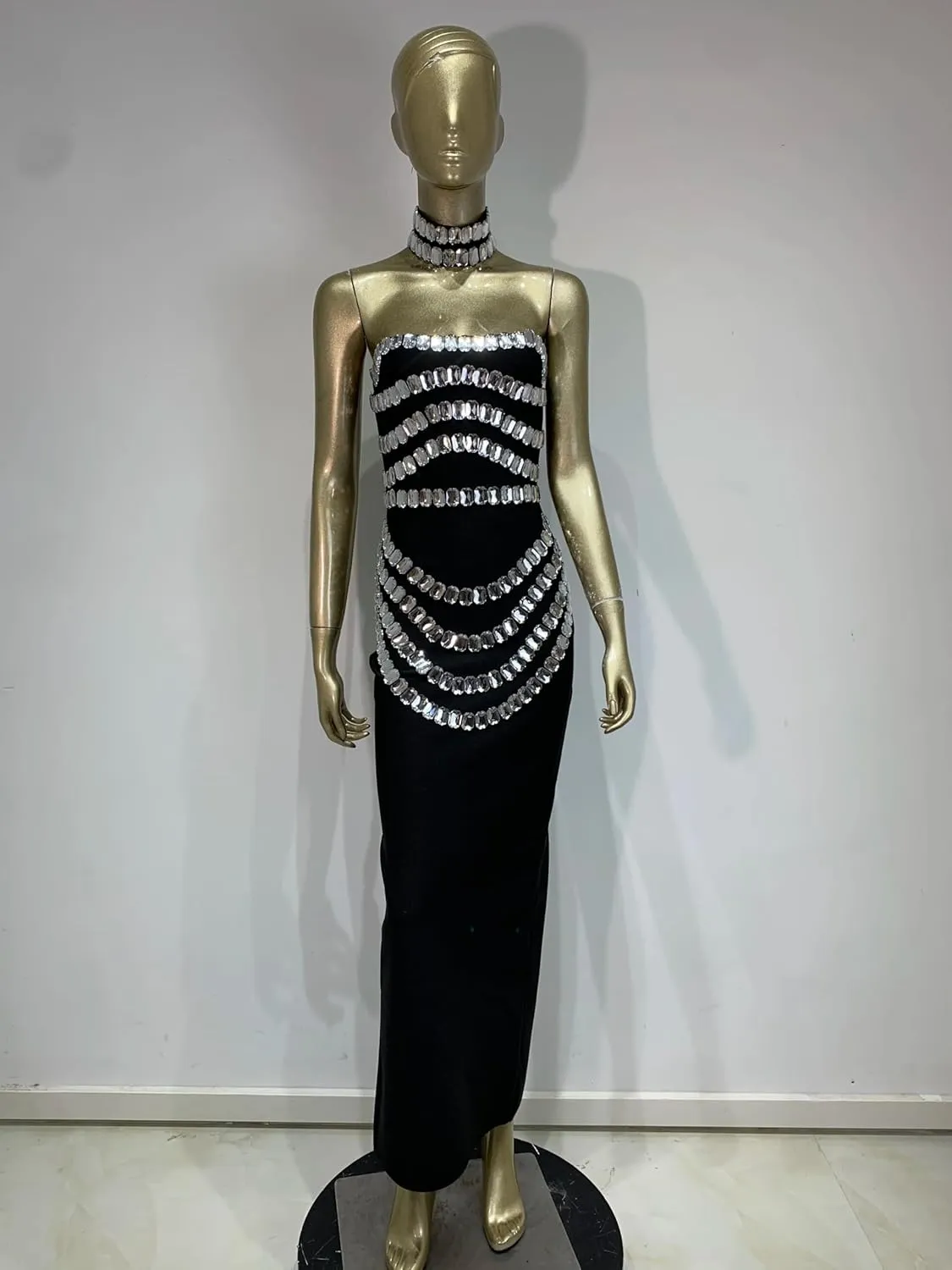 Women Luxury Designer Strapless Crystal Banadge Dress with Chorker Maxi Long Celebrity Evening Party Gala Gowns