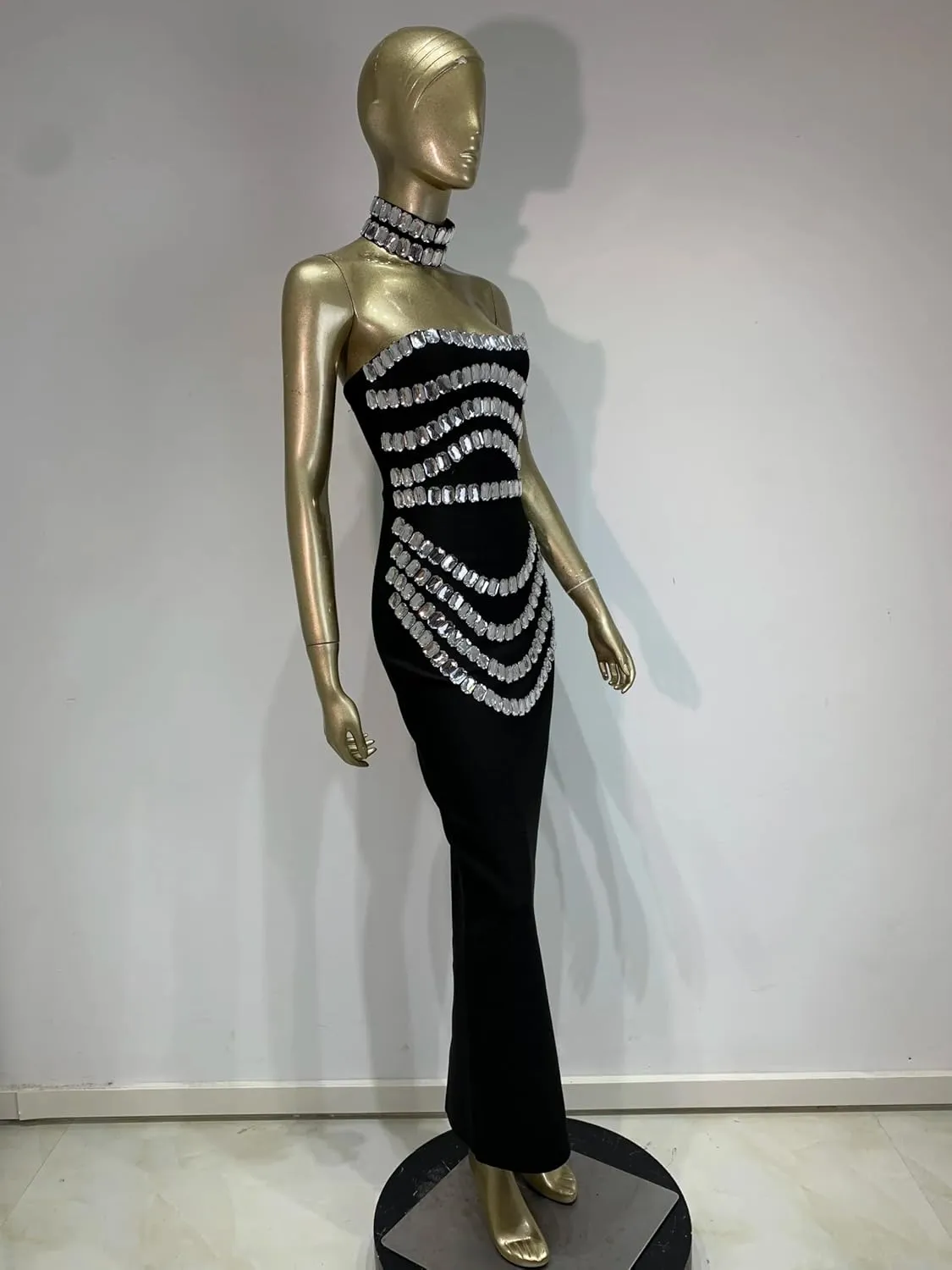 Women Luxury Designer Strapless Crystal Banadge Dress with Chorker Maxi Long Celebrity Evening Party Gala Gowns
